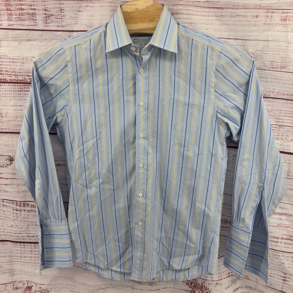 Charles Tyrwhitt Dress Shirt Small 15/33Slim Fit Blue Yellow Striped French Cuff